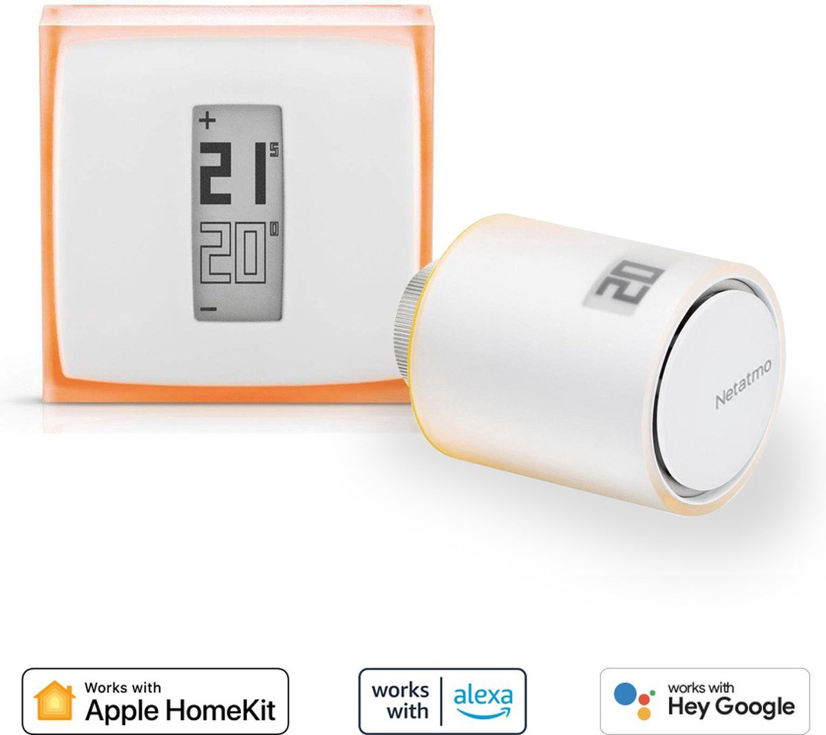 A Netatmo thermostat and radiator valve on a white background.