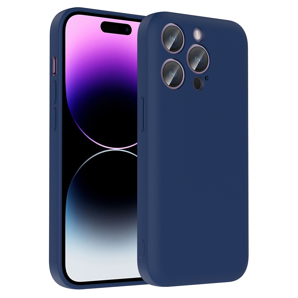 Arkada üç kamera lensi ve flaşı olan lacivert telefon kılıfı.
