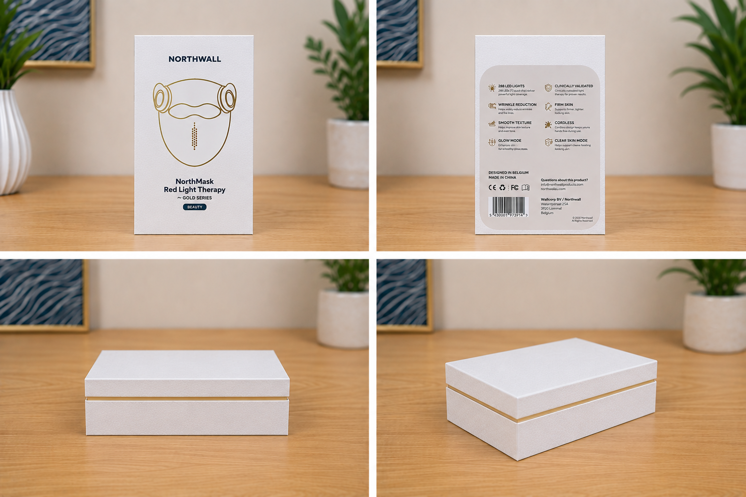 Verpakking en doos voor een Northwall roodlichttherapiemasker.