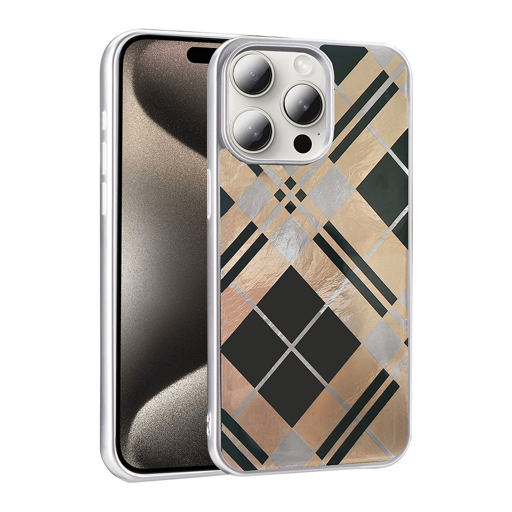 Altın, siyah ve gümüş kareli desenli iPhone kılıfı.