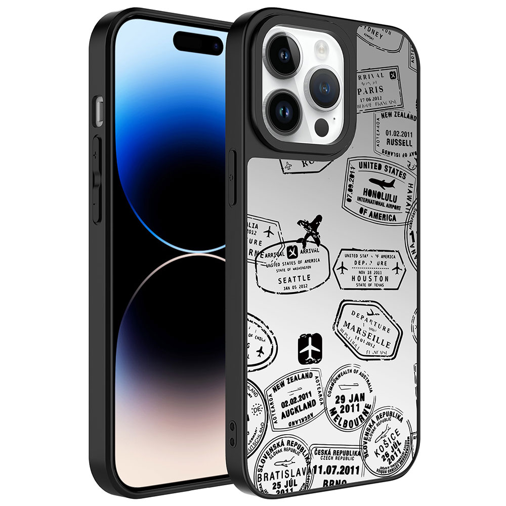 Seyahat damgası tasarımlı iPhone kılıfı. Siyah beyaz.