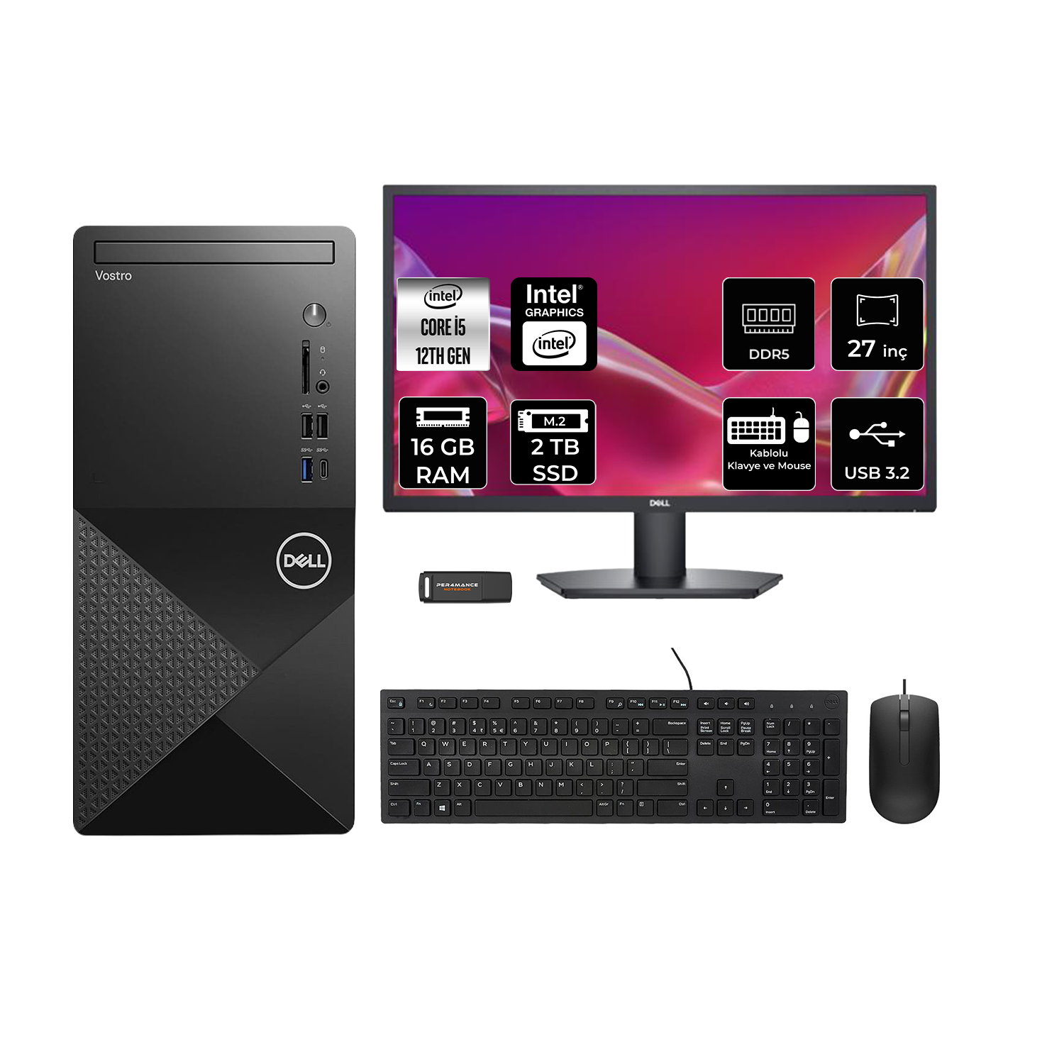 DELL Vostro 3030MT 27" N6004VDT3030MTP903 PER4 Bellek Intel Core i5-12400 16 GB RAM 2 TB SSD FreeDOS Masaüstü Bilgisayar