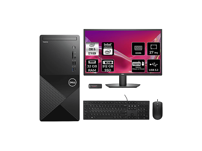 DELL Vostro 3030MT 27" N6004VDT3030MTP905 PER4 Bellek Intel Core i5-12400 32 GB RAM 512 GB SSD FreeDOS Masaüstü Bilgisayar