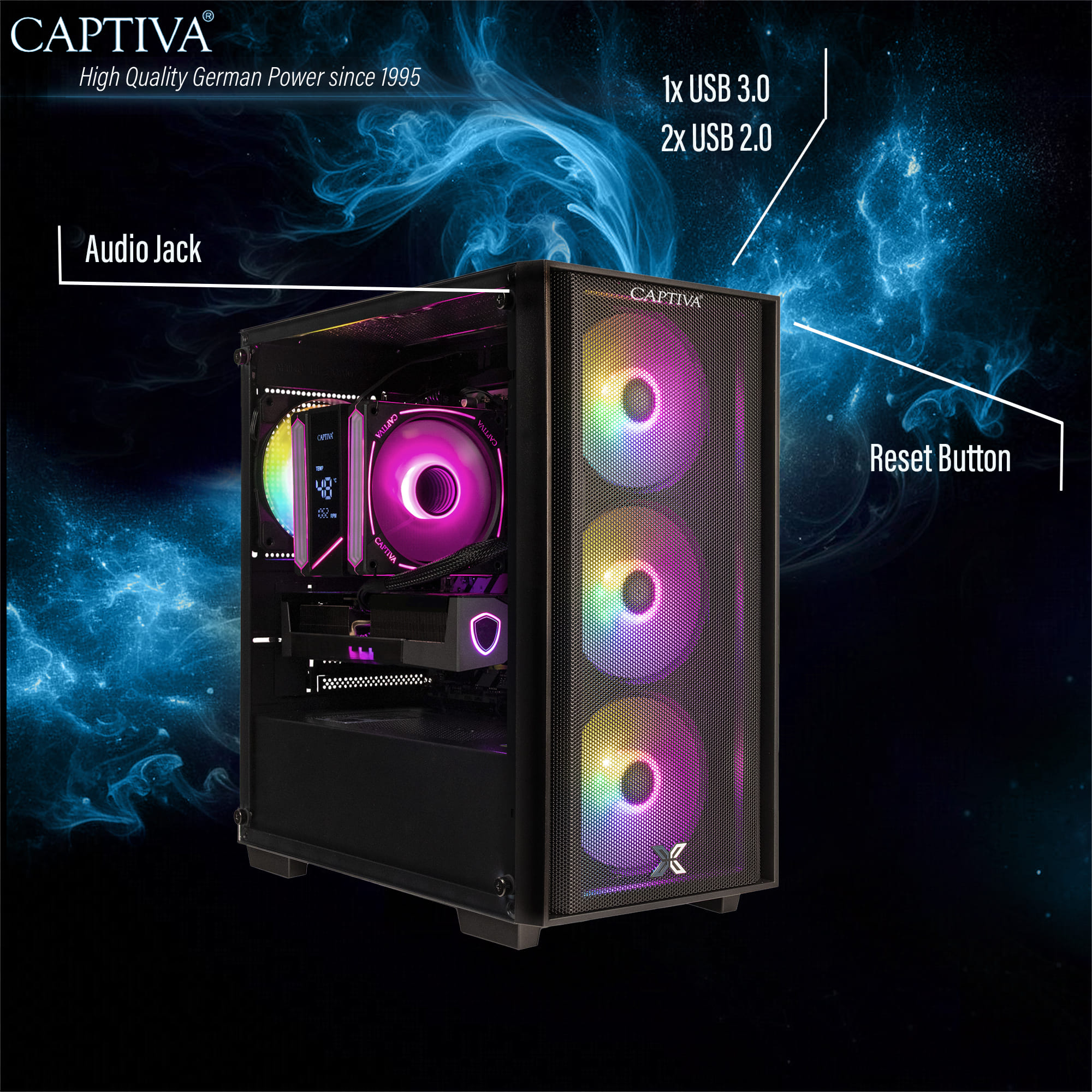 Czarna obudowa komputera z wentylatorami RGB i cyfrowym wyświetlaczem temperatury.