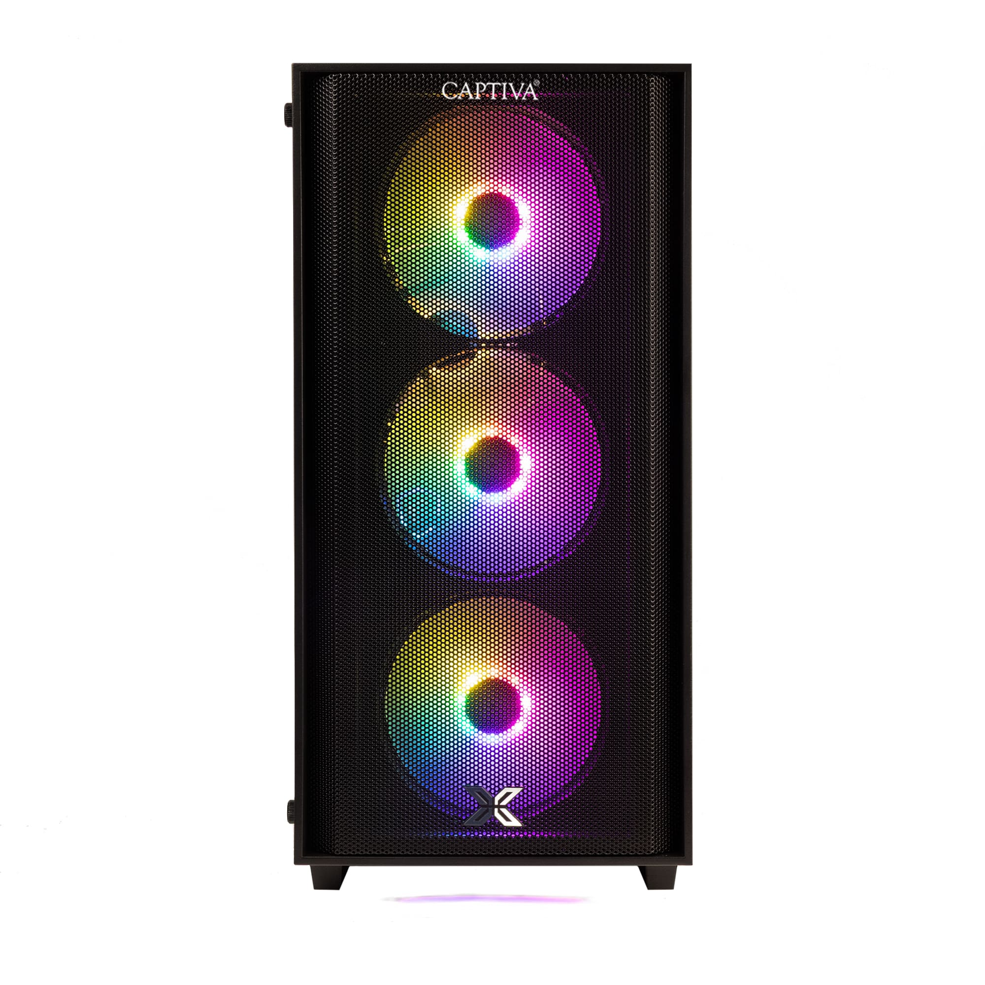Schwarzes PC-Gehäuse mit drei beleuchteten Lüftern in Regenbogenfarben.