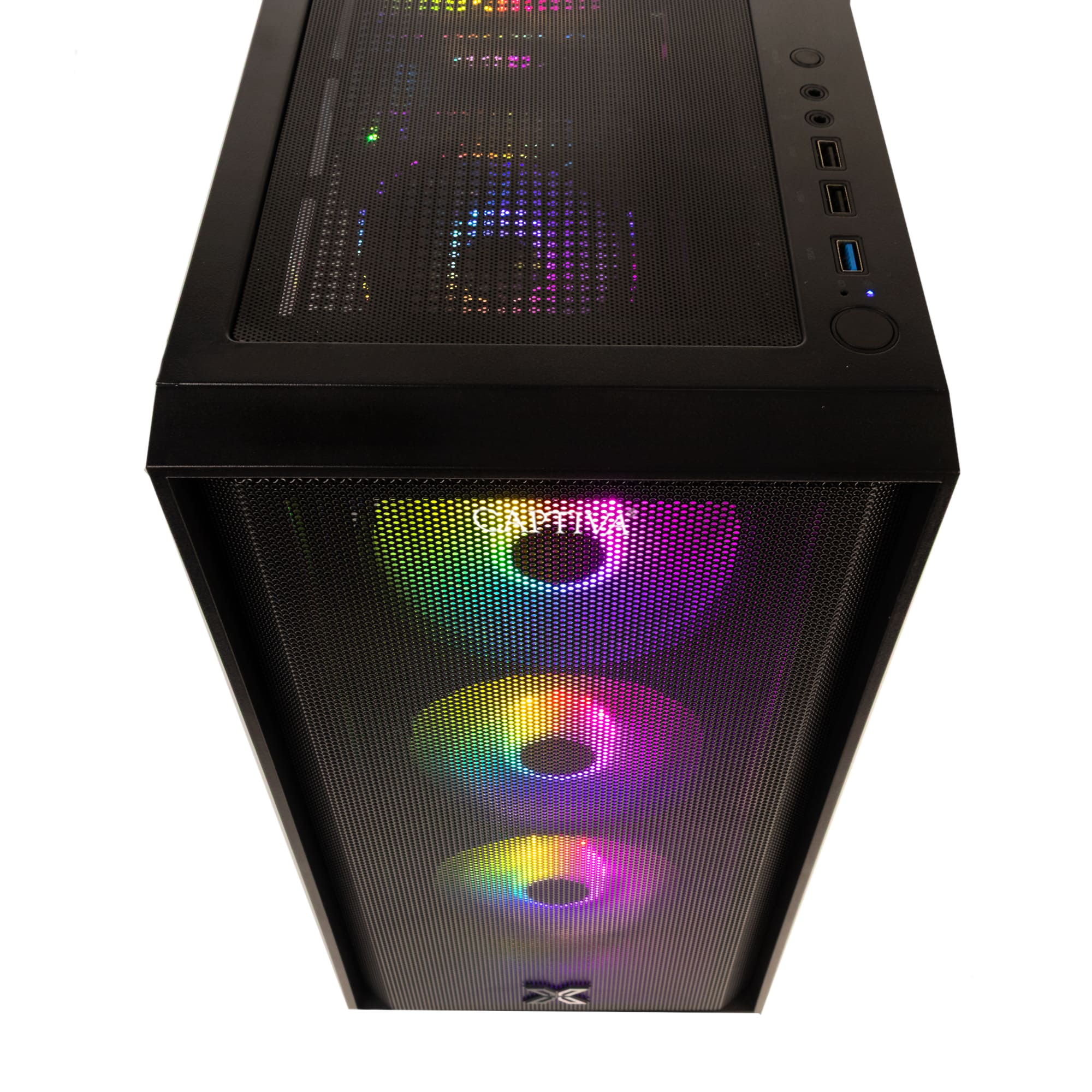 Schwarzes Computergehäuse mit RGB-Lüftern und Anschlüssen oben.