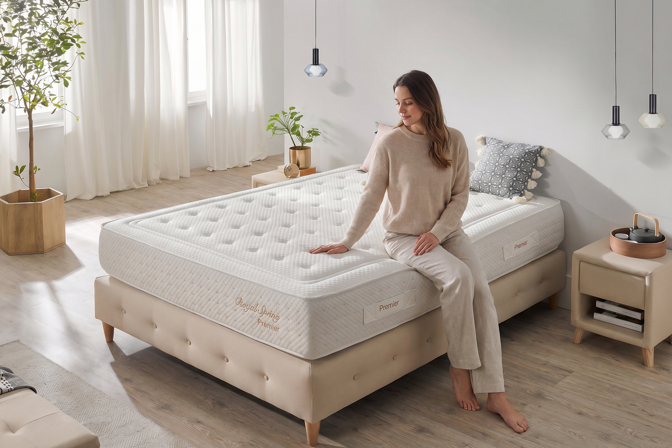 Una mujer se sienta en un colchón blanco en un dormitorio luminoso con cortinas y plantas.