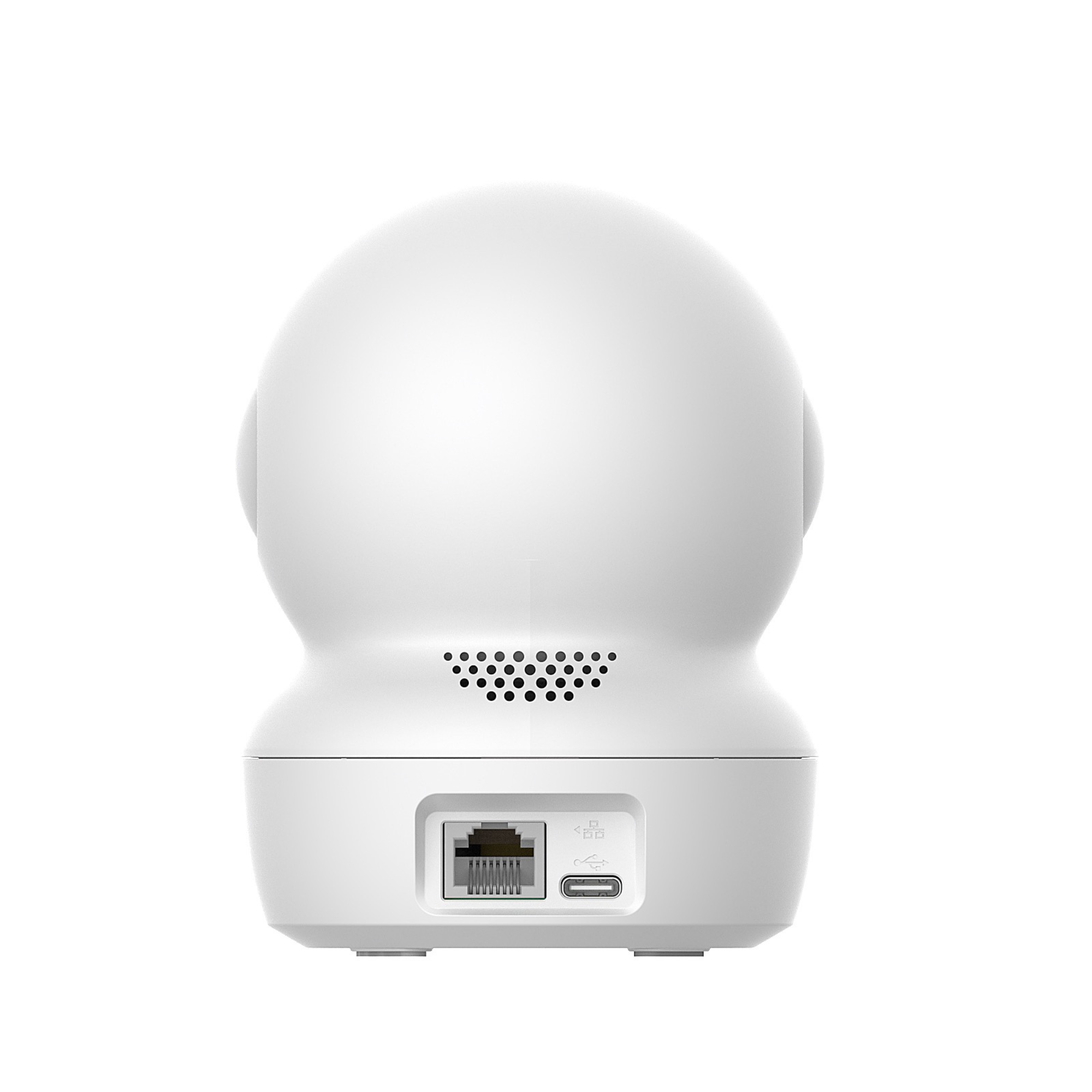 Achterkant van witte smart camera met Ethernet-poort, USB-C-poort en luidsprekergrill.