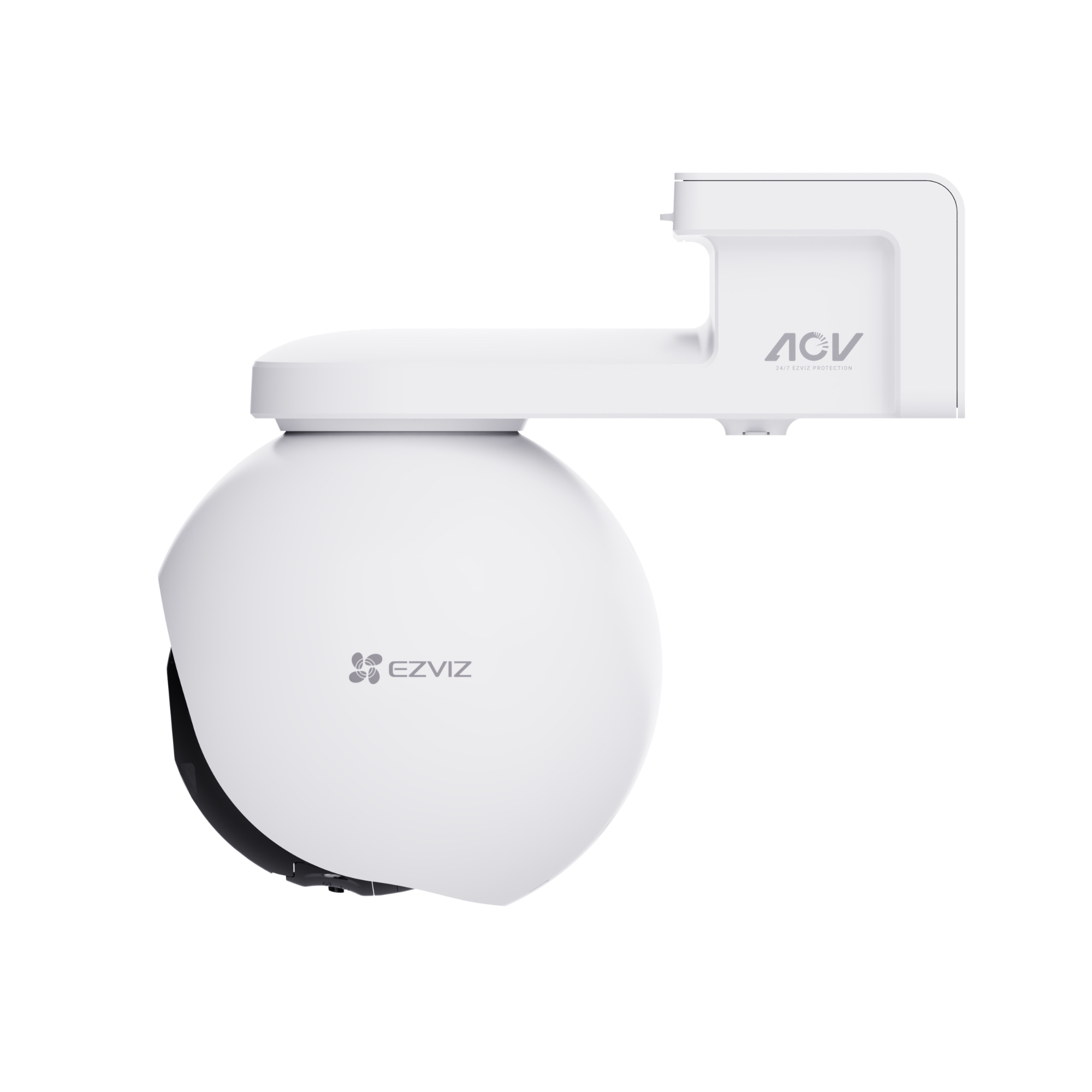 A white surveillance camera with pan/tilt function and ACV logo.