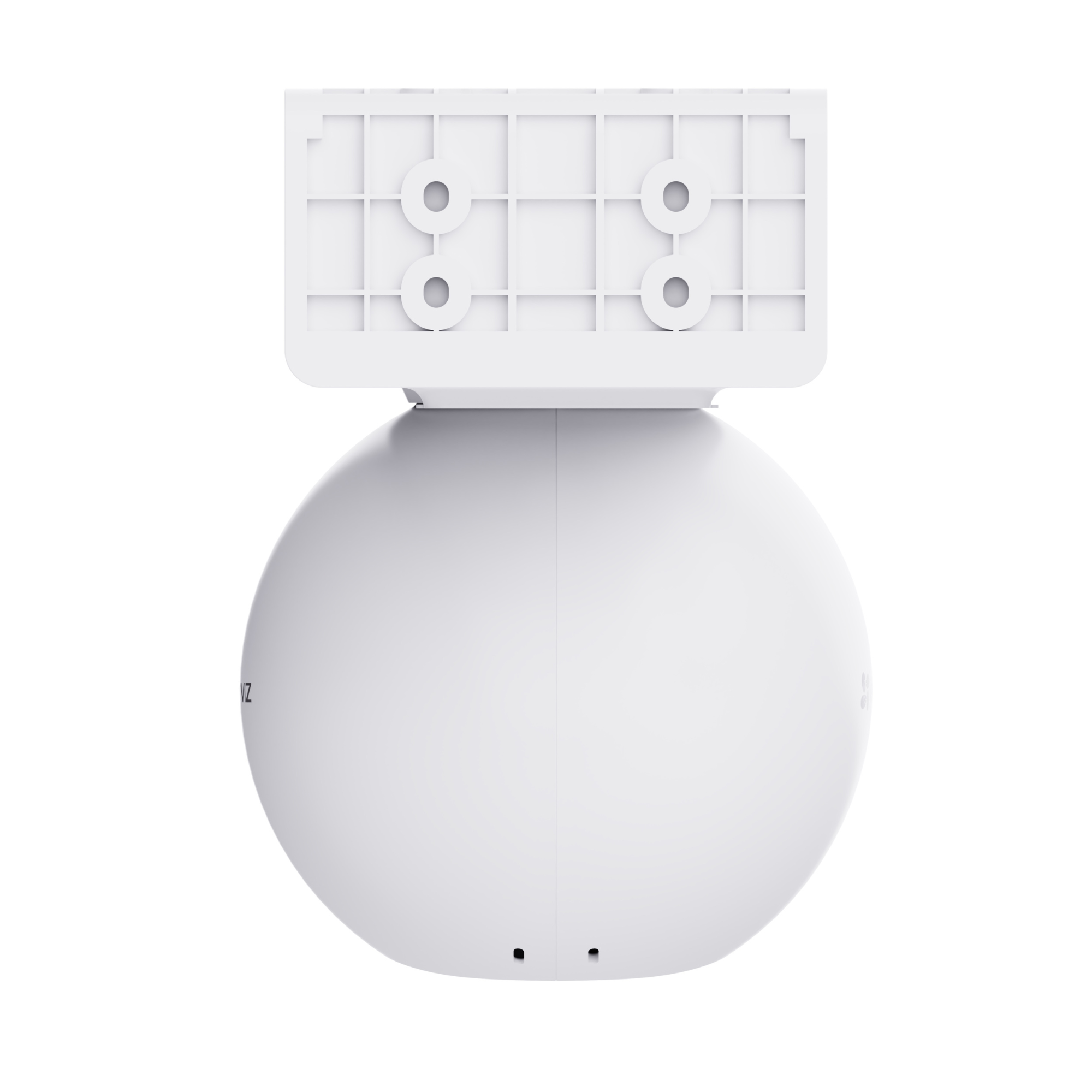 White security camera with a mount and four screw holes.