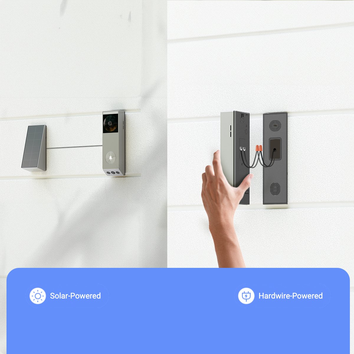 A silver doorbell device with a solar panel beside it and another with wires.