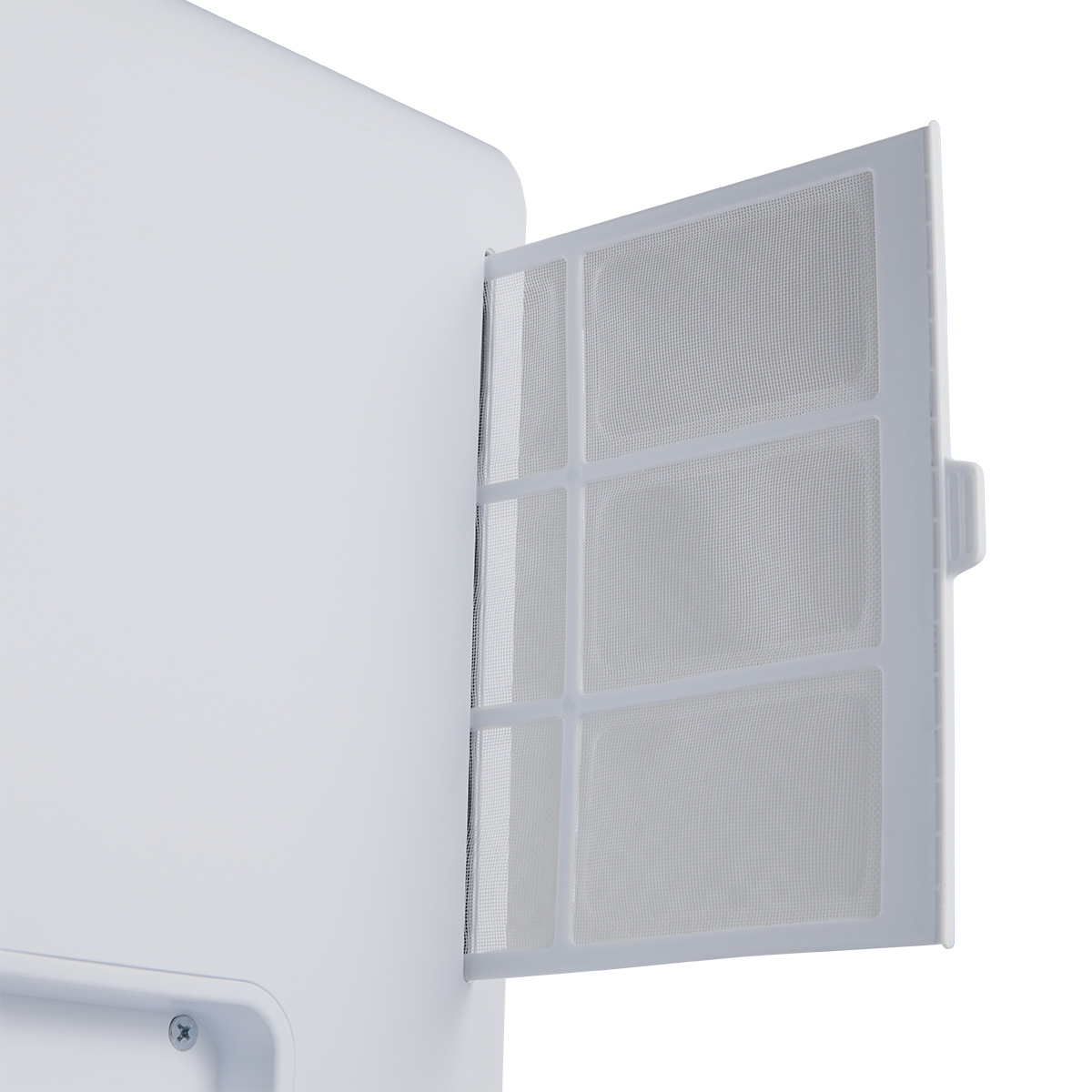 Un filtro dell'aria bianco a rete fine è aperto.
