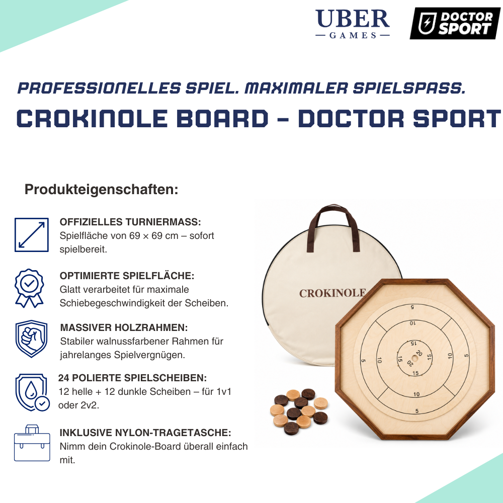 Ein Crokinole-Board aus Holz mit Spielscheiben und Tragetasche.