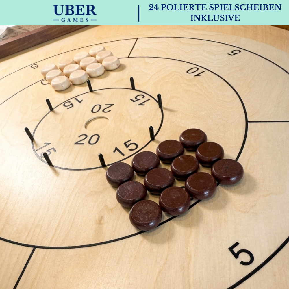 Holzbrettspiel mit hellen und dunklen Spielsteinen, nummerierten Zonen.