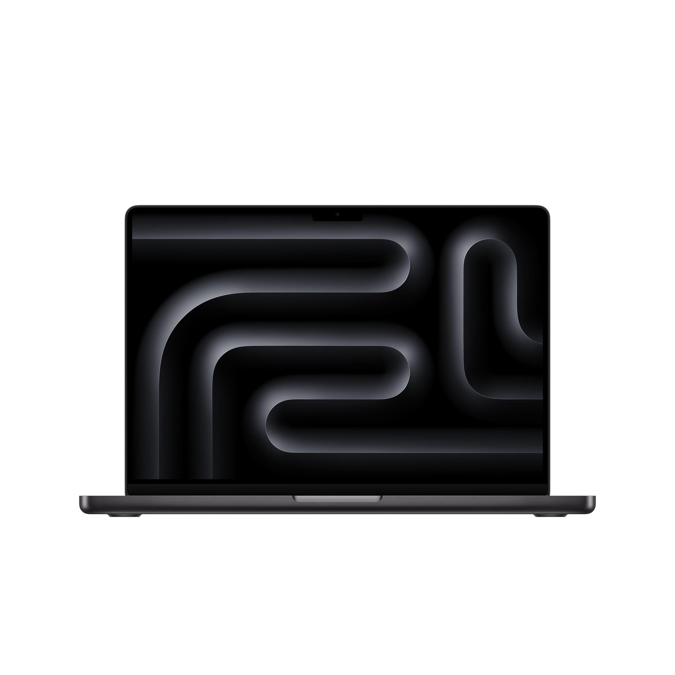 Ein dunkler Laptop mit einem abstrakten schwarzen Hintergrund.
