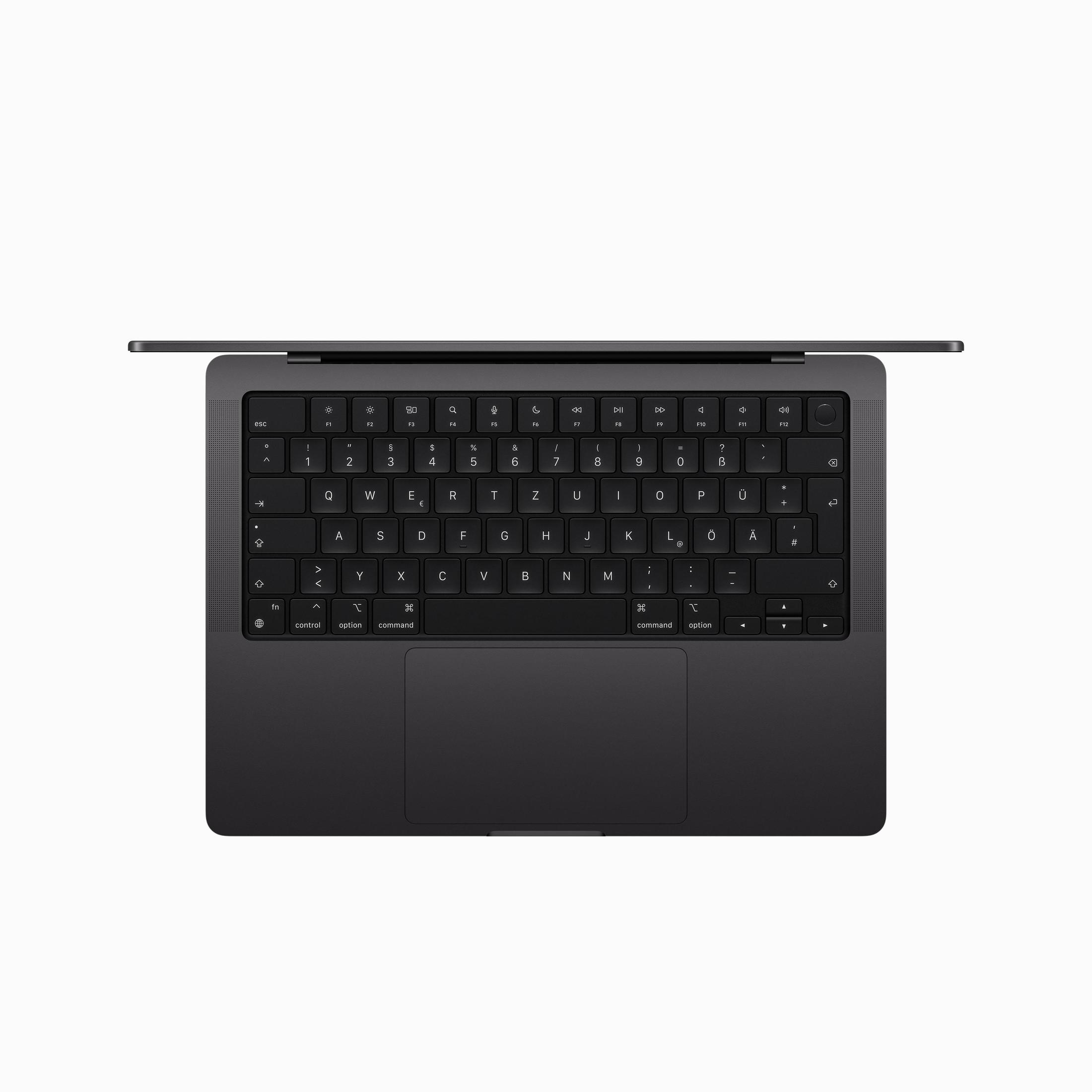Dunkelgraues MacBook mit geöffnetem Deckel, Tastatur und Trackpad sichtbar.