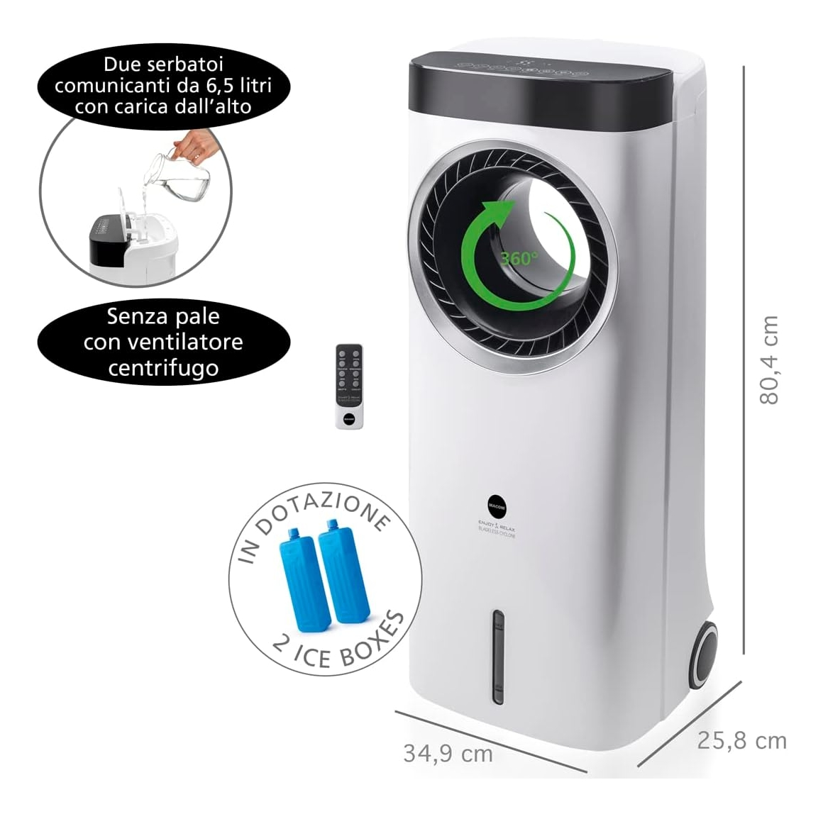 Raffrescatore torre bianco con telecomando e box di ghiaccio. Dimensioni: 80,4x34,9x25,8 cm.
