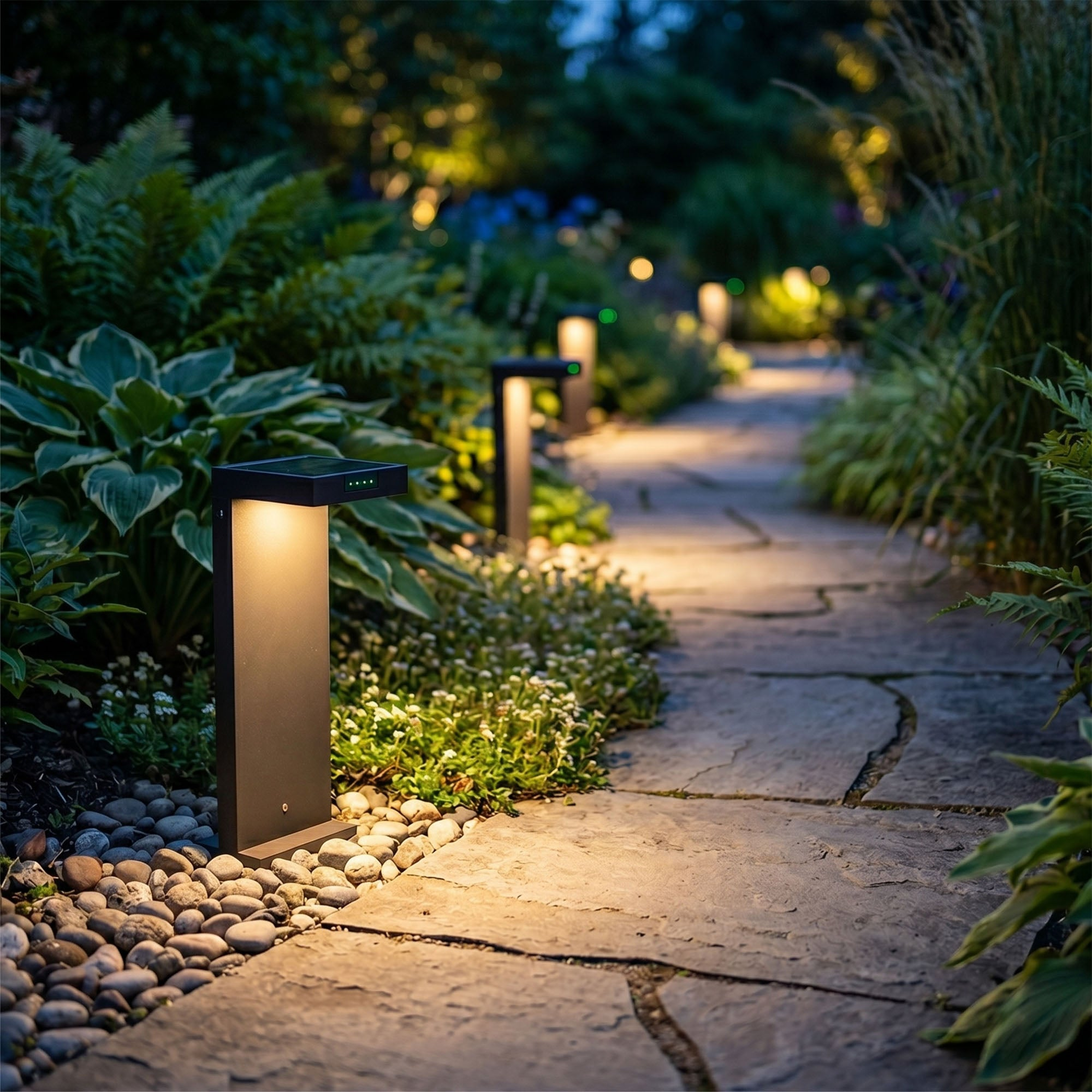 Ein Steinpfad schlängelt sich nachts durch einen Garten, beleuchtet von modernen Pollerleuchten.