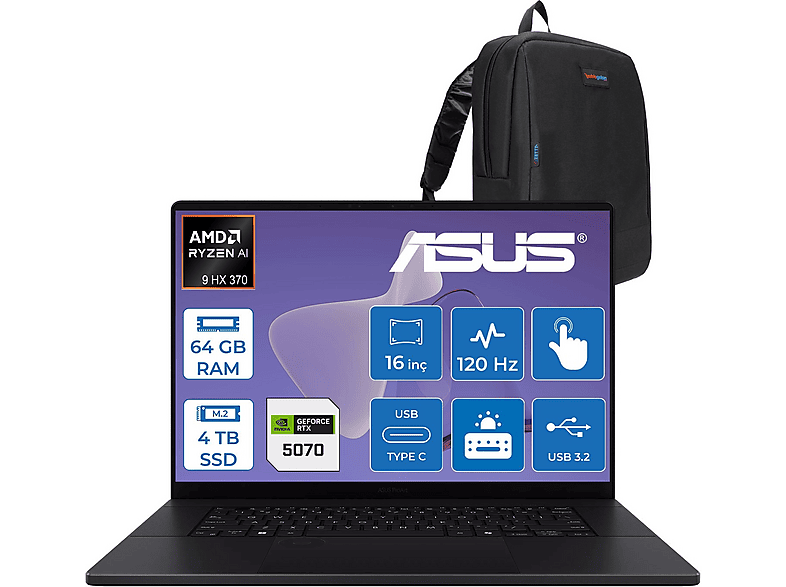 ASUS Proart P16 WH7606WX RTX5070 8GB WRJ088WWF04 AMD Ryzen 9 HX370 64 GB RAM 4 TB SSD 16 inç FreeDOS Laptop+Çanta Siyah
