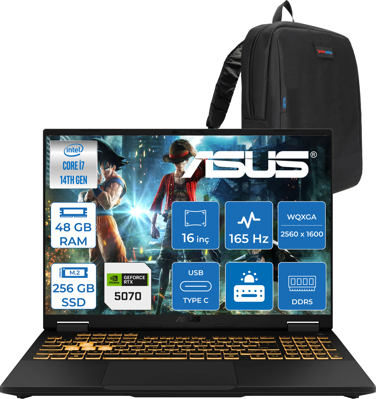 Intel Core i7, 48GB RAM, 256GB SSD, RTX 5070 ve sırt çantalı siyah dizüstü bilgisayar.