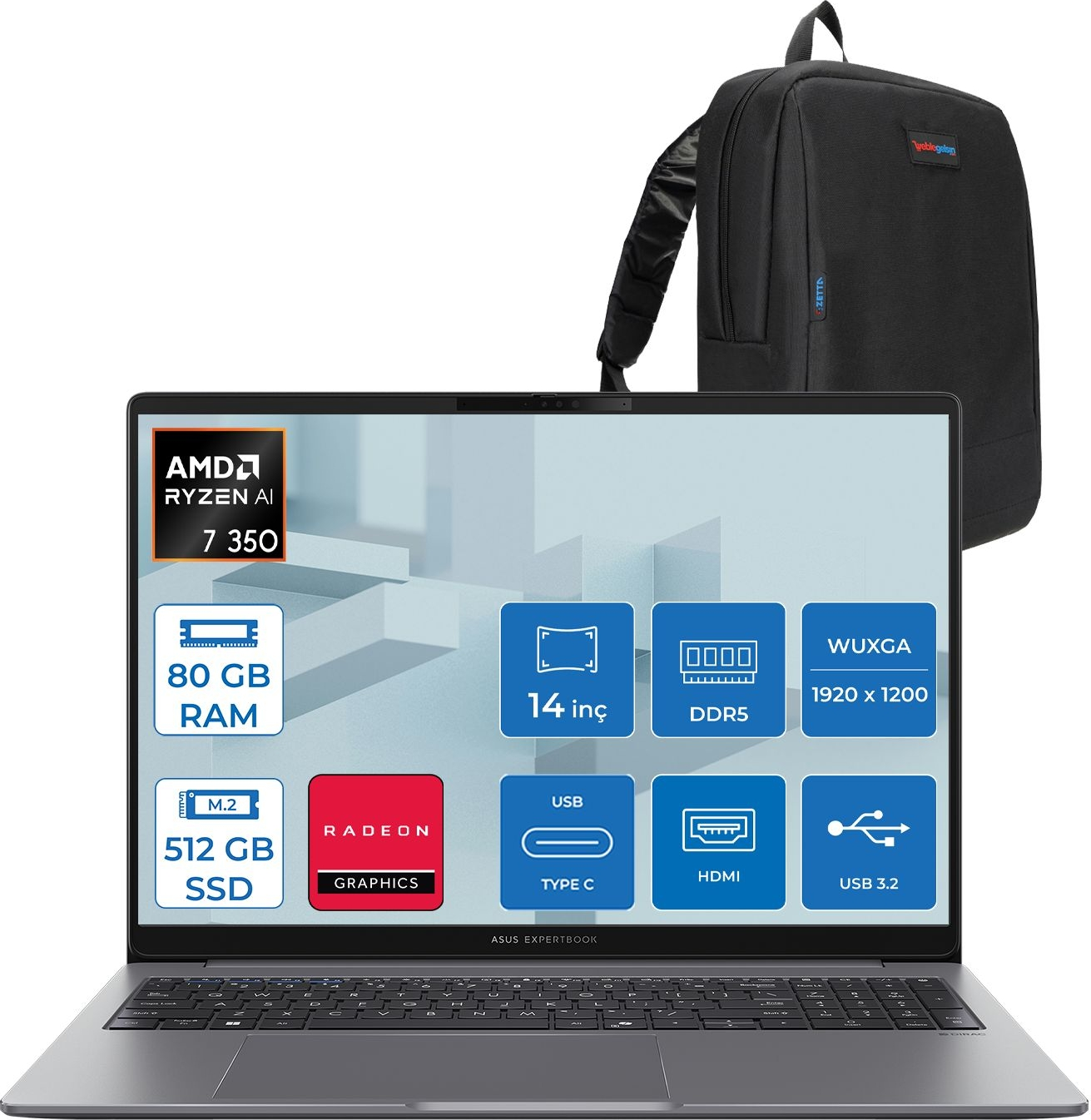 AMD Ryzen AI 7 350, 80 GB RAM, 512 GB SSD'li dizüstü bilgisayar ve siyah sırt çantası.