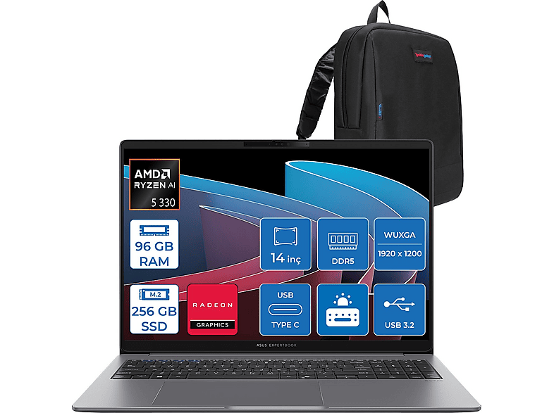 ASUS ExpertBook P3 PM3406CKA Radeon 820M PM3406CKA5F26 AMD Ryzen 5 330 96 GB RAM 256 GB SSD 14 inç FreeDOS Laptop+Çanta Siyah