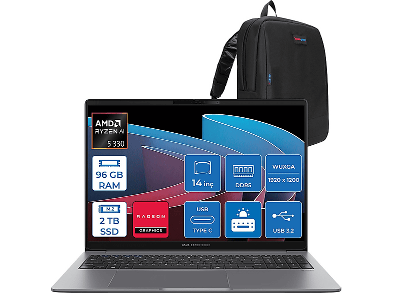 ASUS ExpertBook P3 PM3406CKA Radeon 820M PM3406CKA5F29 AMD Ryzen 5 330 96 GB RAM 2 TB SSD 14 inç FreeDOS Laptop+Çanta Siyah