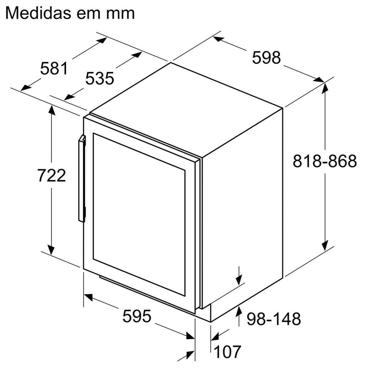 Technical drawing of a built-in appliance with dimensions in mm.