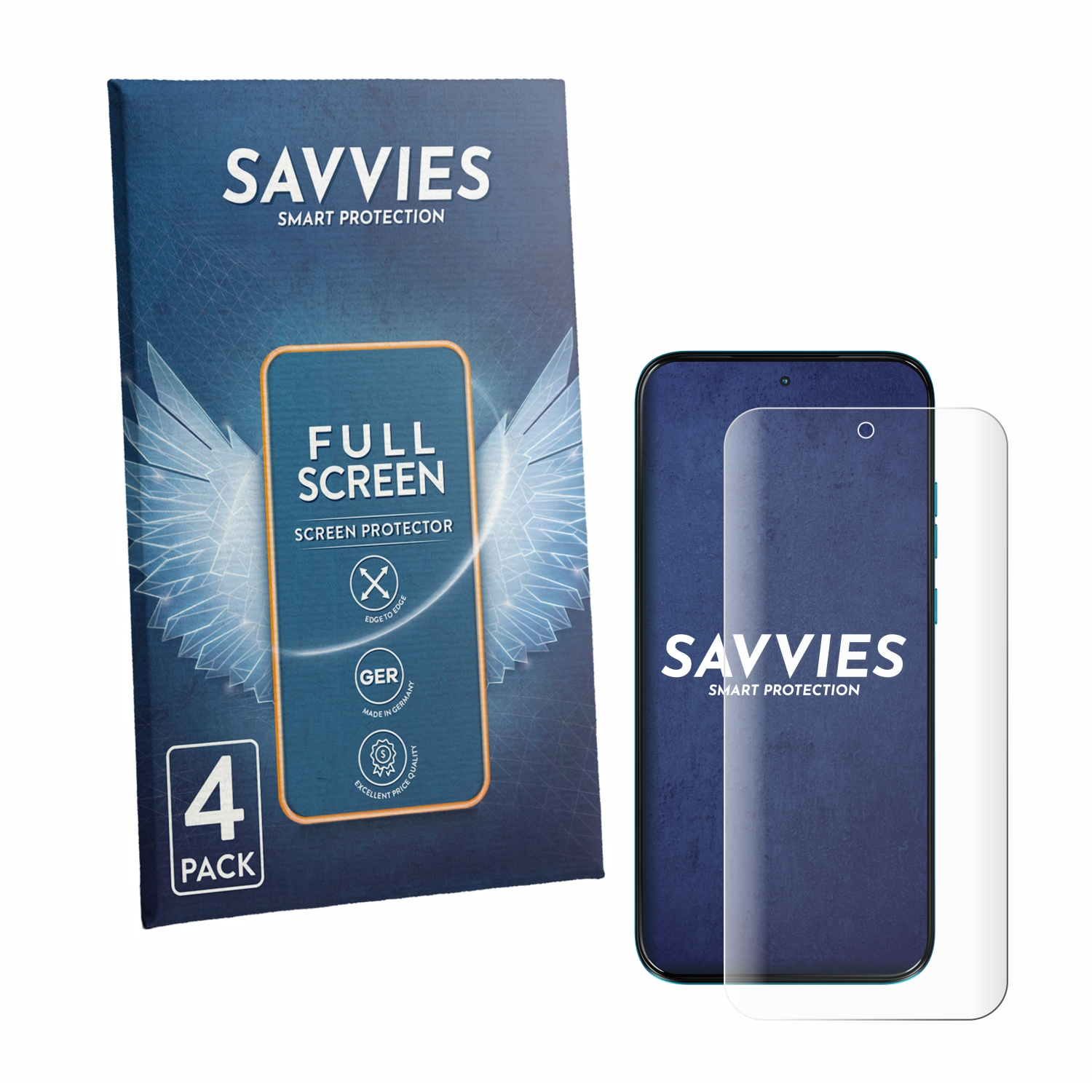 Savvies Displayschutzfolie 4er Pack und ein Smartphone mit aufgesetzter Folie.