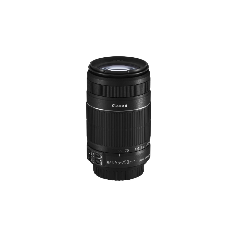 Czarny obiektyw zmiennoogniskowy Canon EFS 55-250mm z pierścieniem ostrości.