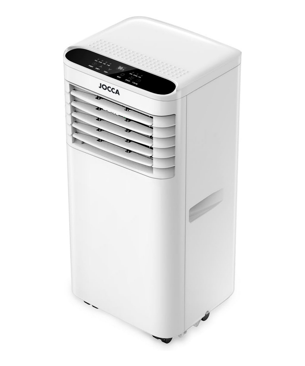 Unità di condizionatore portatile bianco con alette e display digitale.