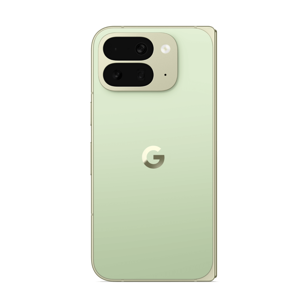 Grünes Smartphone mit Google-Logo und Kamera auf der Rückseite.