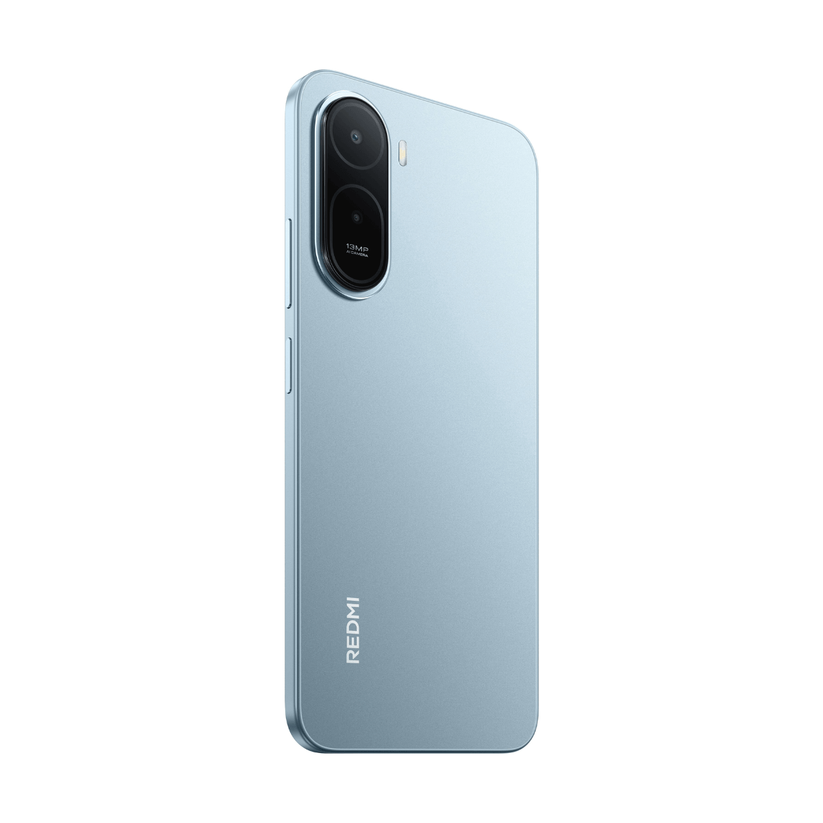 Niebieski smartfon z dwoma aparatami z tyłu i logo Redmi.