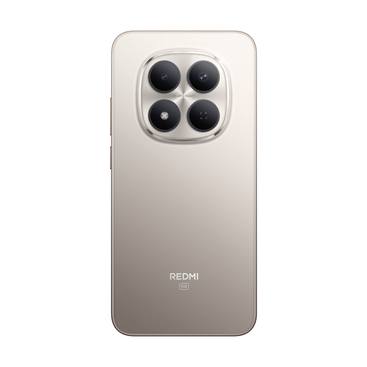 Tył szampańskiego smartfona z czterema obiektywami i logo Redmi.