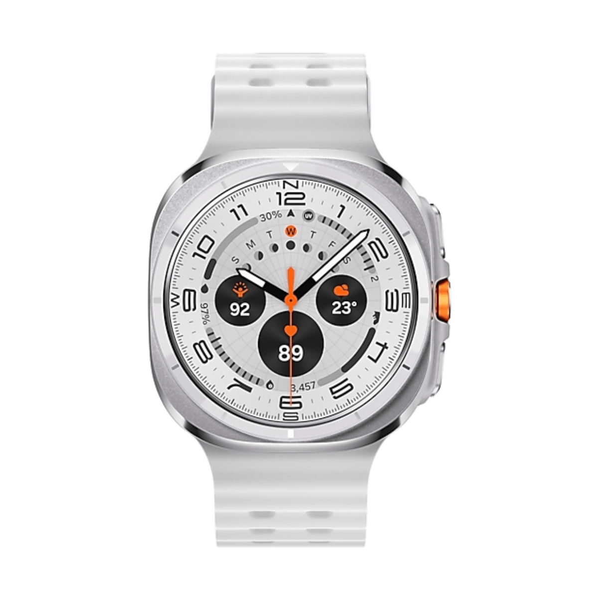 A white smartwatch with a silver case and orange accents.