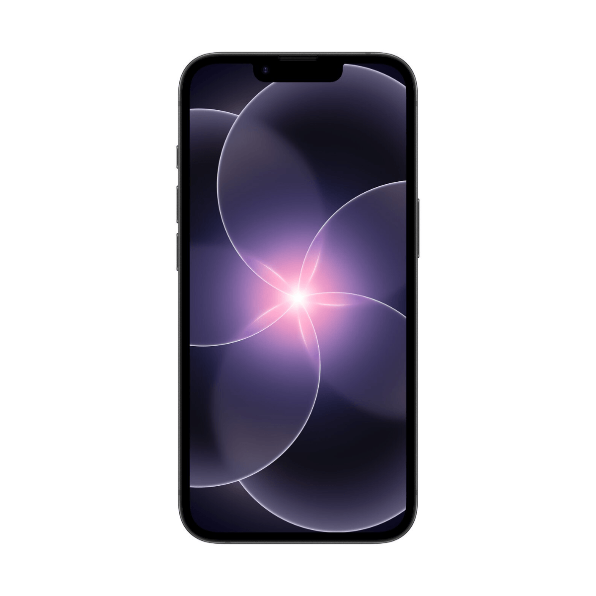 Czarny smartfon z fioletowo-różową tapetą abstrakcyjną.