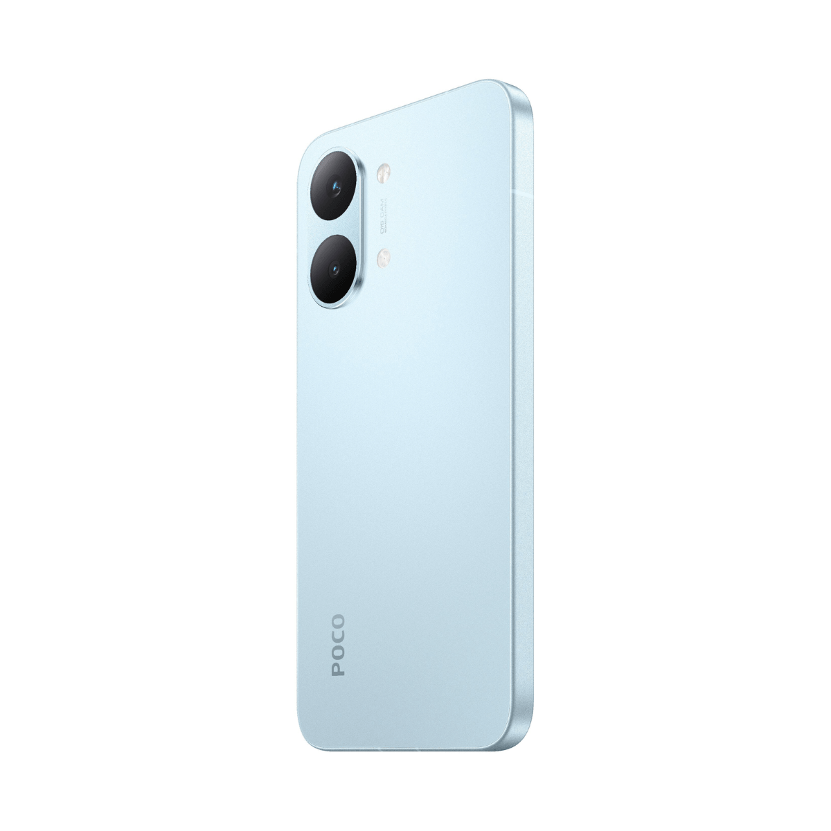 Jasnoniebieski smartfon z podwójnym aparatem i logo POCO na białym tle.