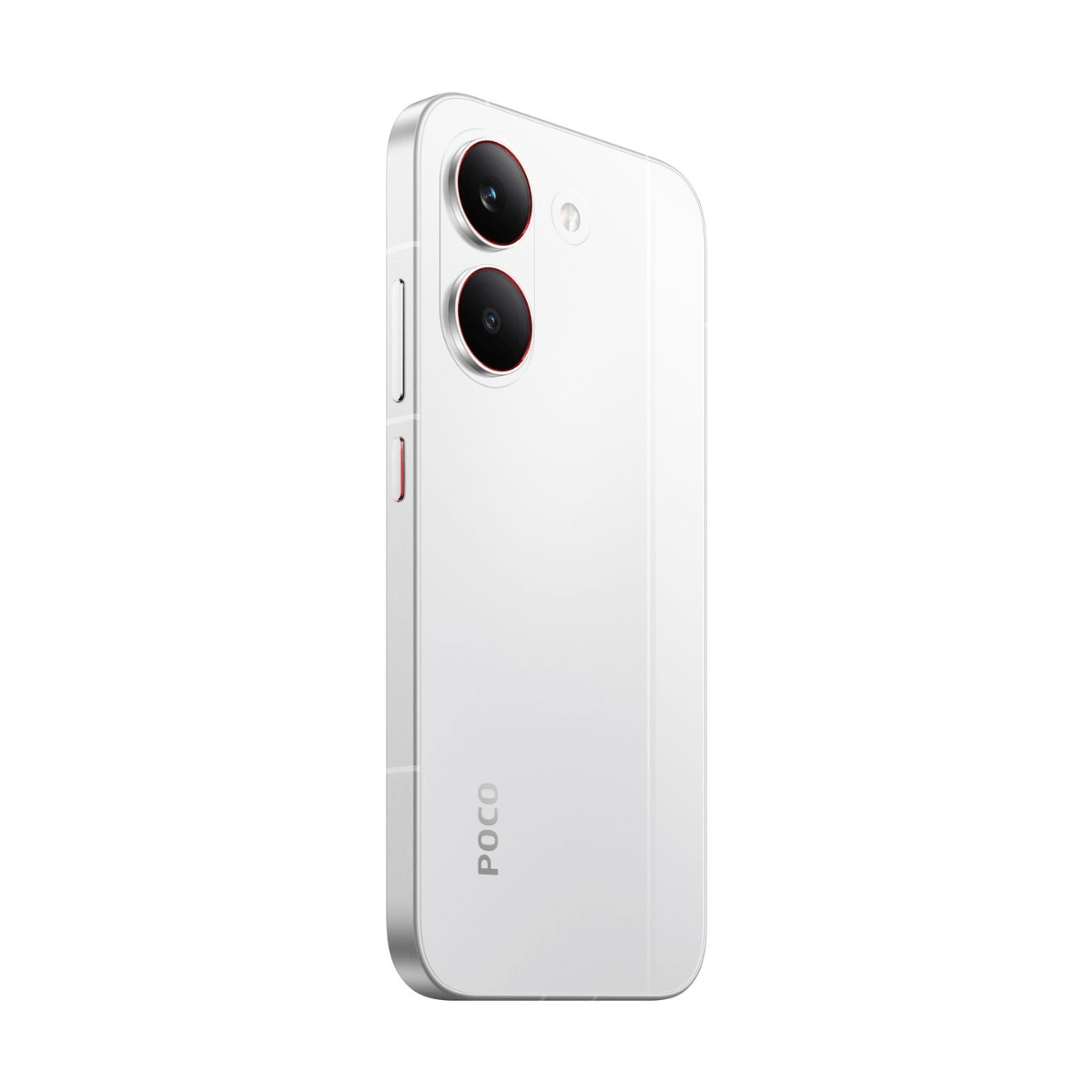 Biały smartfon z dwoma aparatami i czerwonymi detalami, na białym tle.