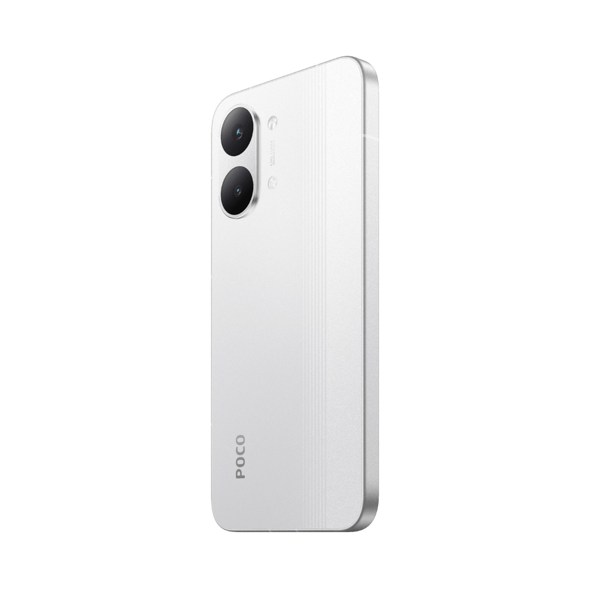 Biały smartfon POCO, widok z tyłu, podwójny aparat, teksturowany tył.