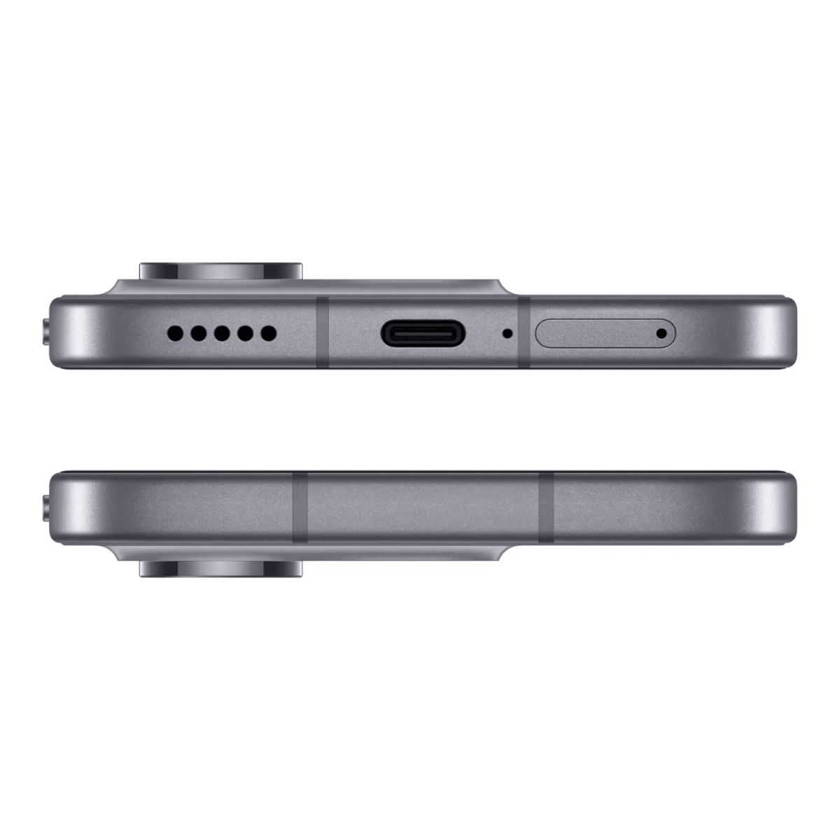 Nahaufnahme der Unterseite eines grauen Smartphones mit USB-C-Anschluss und Lautsprecher.