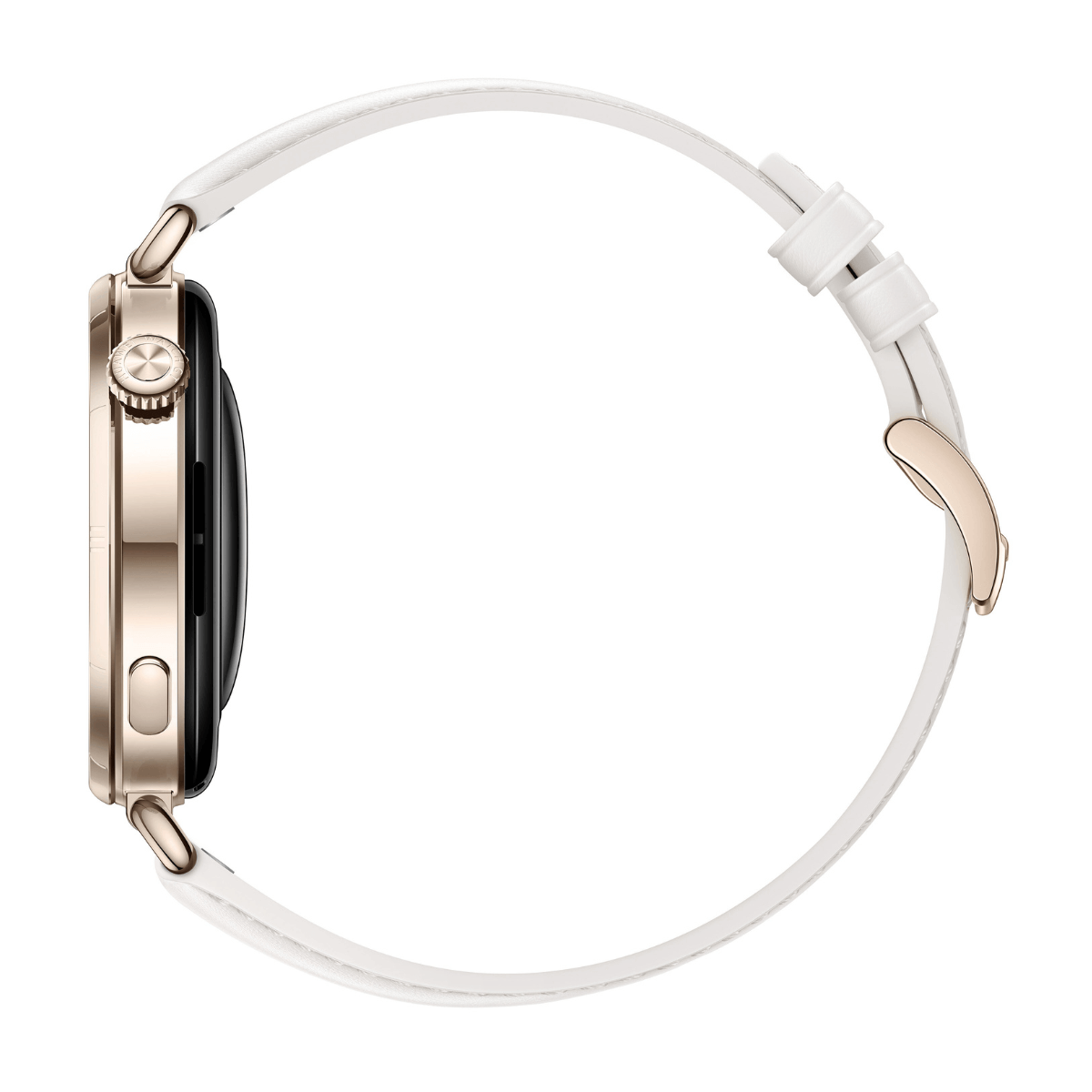 Orologio intelligente dorato con cinturino bianco, visto di lato su sfondo bianco.