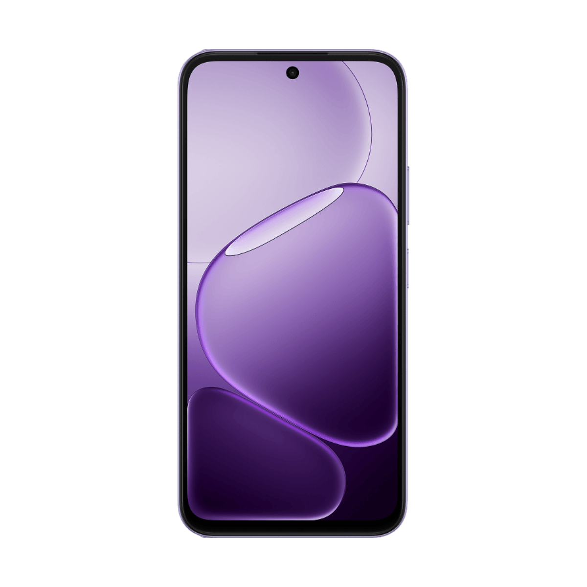 Fioletowy smartfon z minimalistyczną tapetą przedstawiającą abstrakcyjne fioletowe kształty.