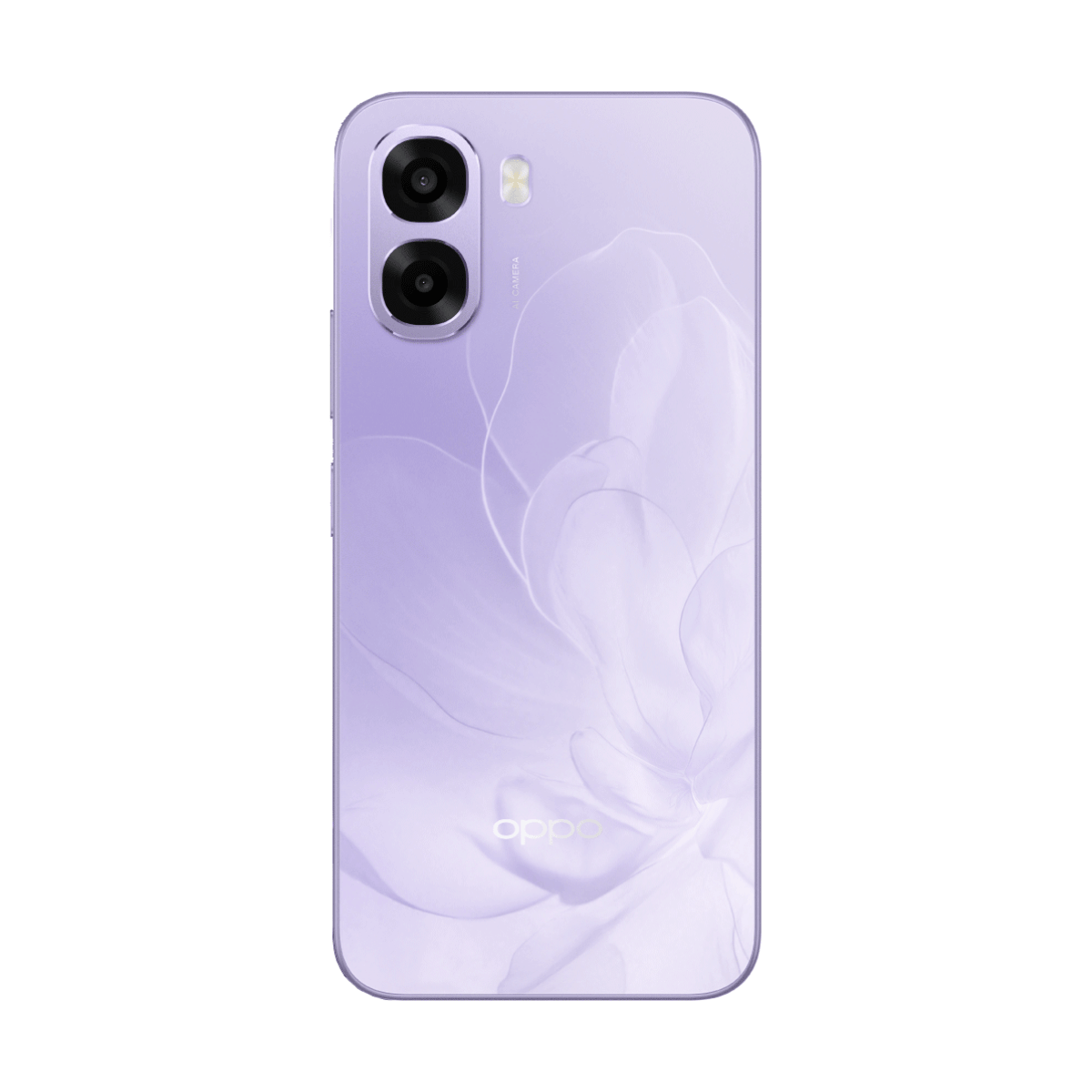 Fioletowy smartfon z dwoma obiektywami i wzorem kwiatowym. Logo OPPO na dole.