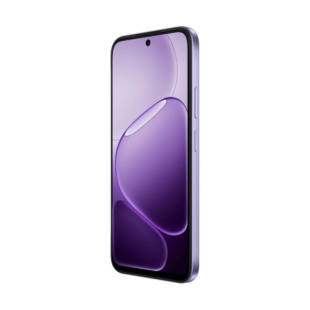 Fioletowy smartfon z zaokrąglonym ekranem i aparatem typu punch-hole.