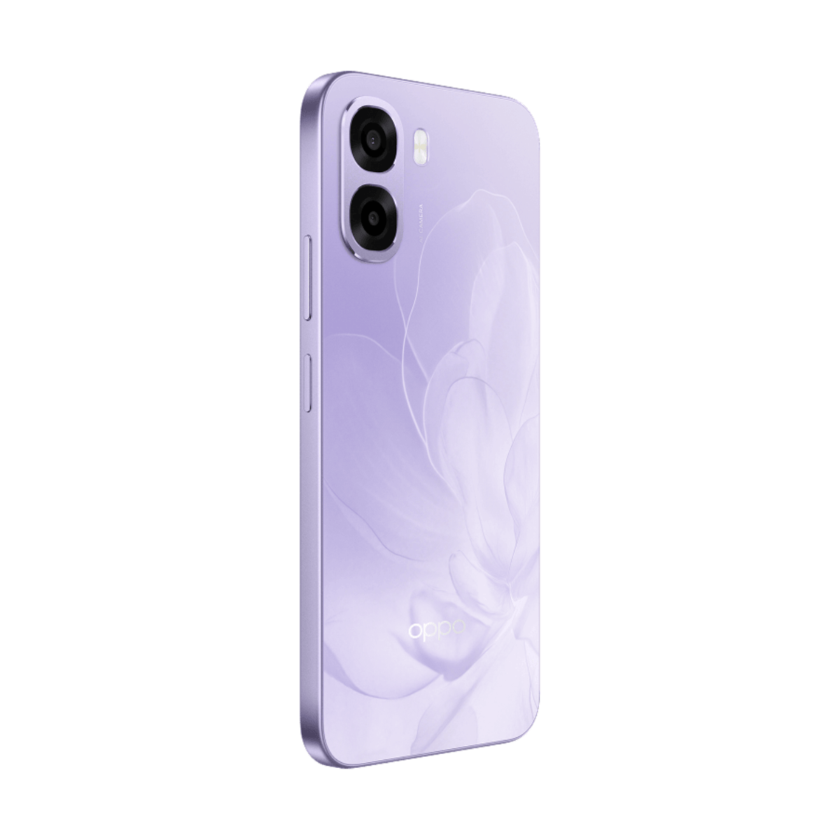 Jasnofioletowy smartfon z kwiatowym wzorem i podwójnym aparatem.