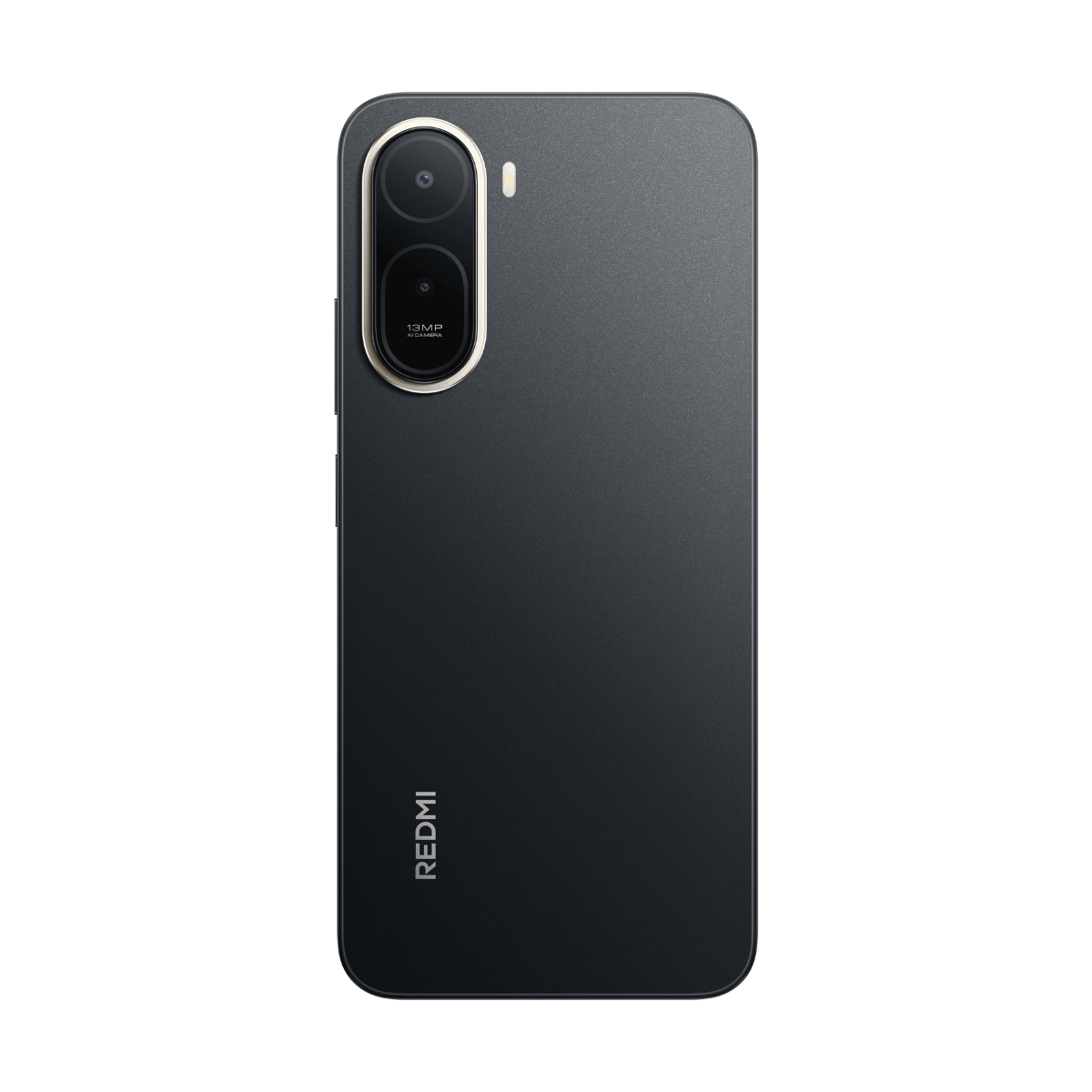 Teléfono inteligente gris oscuro con doble cámara y logo rojo en la parte trasera.