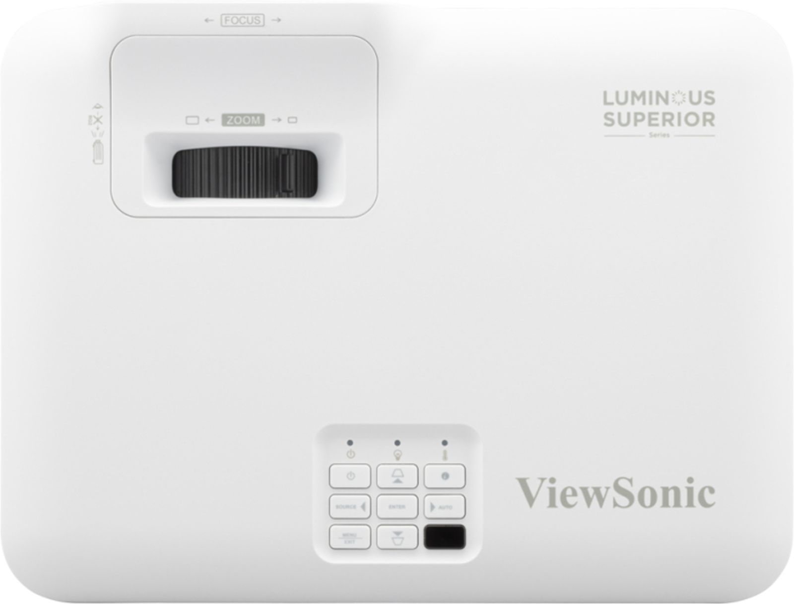 Odak, yakınlaştırma ve kontrol düğmeleri olan beyaz projektör. ViewSonic logosu görünüyor.