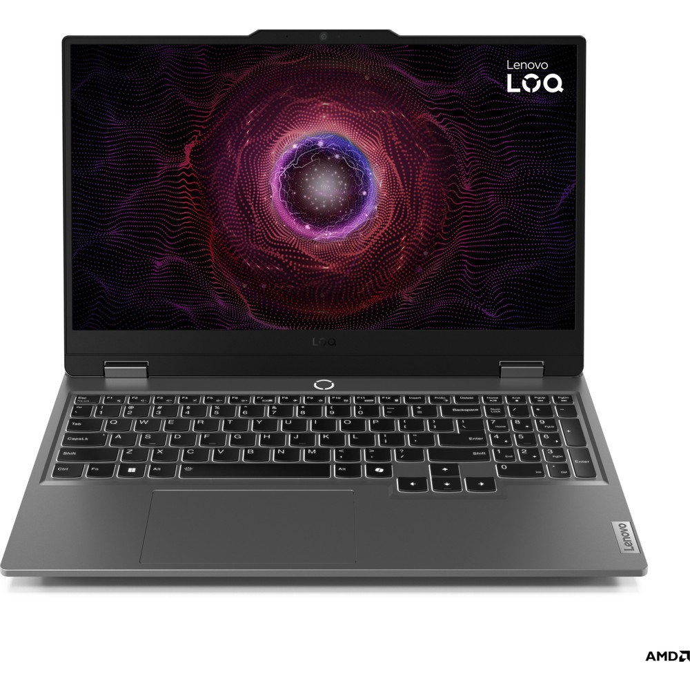 Ekranında soyut dairesel bir arka plan gösteren gri bir Lenovo LOQ dizüstü bilgisayar.
