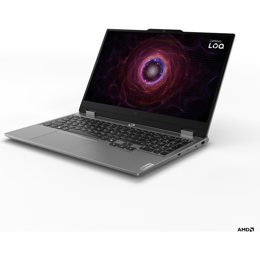 Soyut bir desen gösteren klavyeli ve ekranlı gümüş rengi dizüstü bilgisayar. AMD logosu görünür.