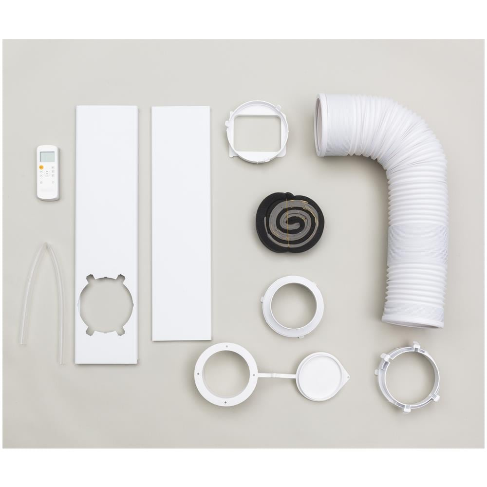 Parti bianche del kit di sigillatura per finestre con telecomando, tubo e filtri.